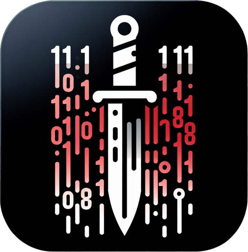 A Dagger Icon with 1's and 0's dripping off of it like blood.
Single Game Texture.  In-Game asset.  2d.  Blank background.  High contrast.  No shadows