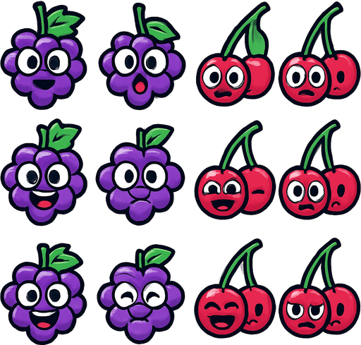 Grapes and Cherry sprites with eye and mouth animation.
In-Game asset.  2d.  High contrast.  No shadows