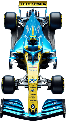 Photorealistic Renault F1 race car, top view. Bright skyblue body. Banana Yellow nose with blue sidelines.
Royalblue Front and Rear wing. Neon-yellow ,,Telefonicai" text on rearwing. 
White ,,TEAM SPIRIT" text on nose. Blue ,,RENAIULT" text on body.
