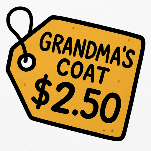 price tag that says grandma's coat $2.50.
In-Game asset. Transparent . 2d.  High contrast.  No shadows