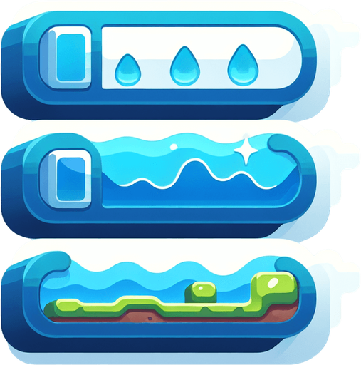 water health bar
Single Game Texture. In-Game asset. 2d. Blank background. High contrast. No shadows.