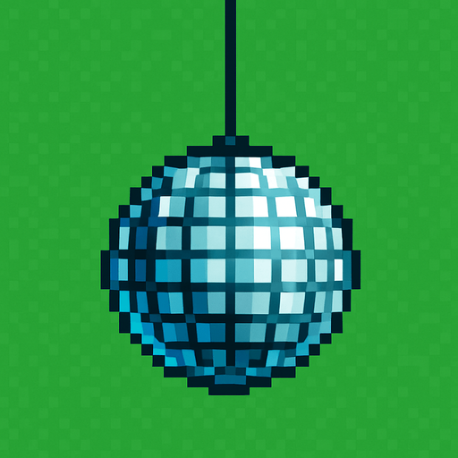 una bola de espejos tipo fiebre de sabado por la noche con estilo pixel art con el cable de donde cuelga largo, con fondo verde
.
In-Game asset.  2d.  High contrast.  No shadows