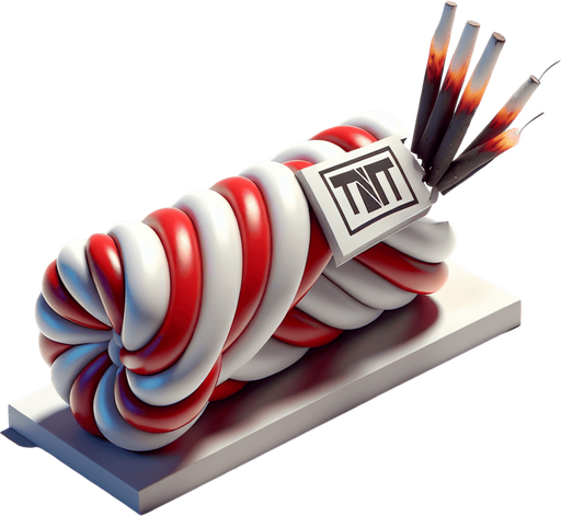 a photo-realistic white and red twisted candy stick slice in vertical position and with an extinguished wick. At its center, a simple white rectangular "TNT" sticker in the same direction as the stick Single Game Texture. In-Game asset. 2d. Blank background. High contrast. No shadows.