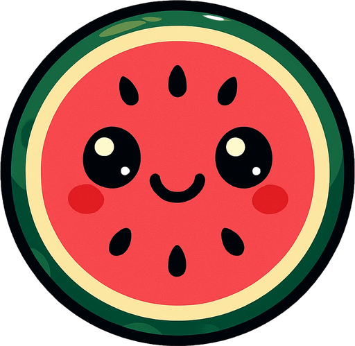 Circle water melon with cute face.
In-Game asset.  2d.  High contrast.  No shadows