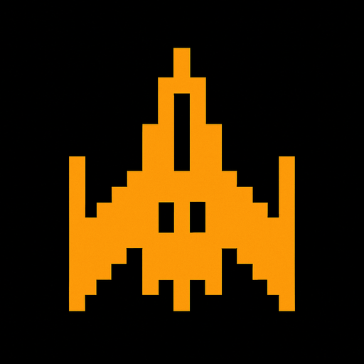 It's a spaceship made of orange pixels, reminiscent of arcade games..
In-Game asset.  2d.  High contrast.  No shadows