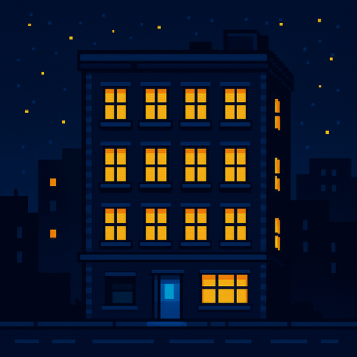 un edificio pixel art por la noche.
In-Game asset.  2d.  High contrast.  No shadows