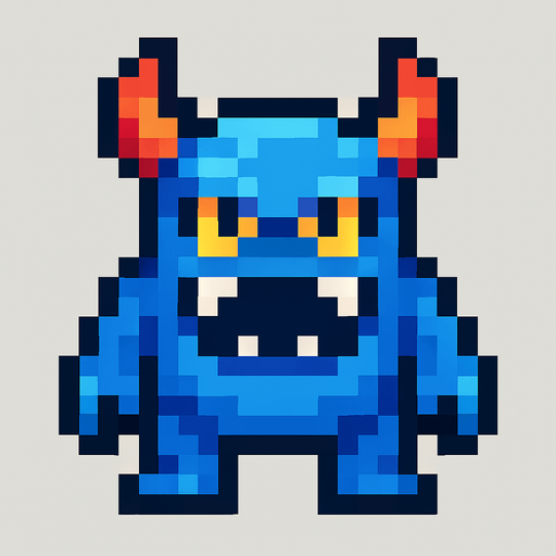 A cool monster like 16 by 16 pixelated character no background shadows and highlights.
In-Game asset.  2d.  High contrast.  No shadows. 2d pixelated in game asset