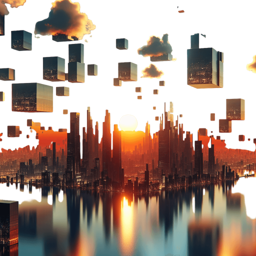 🔹 Floating low-poly islands or platforms in a futuristic city.
🔹 Horizon with a sun reflecting off water for a peaceful but futuristic look.
🔹 Colors: Sunset orange, deep blue, and glowing city lights..
Single Game Texture.  In-Game asset.  2d.  Blank background.  High contrast.  No shadows