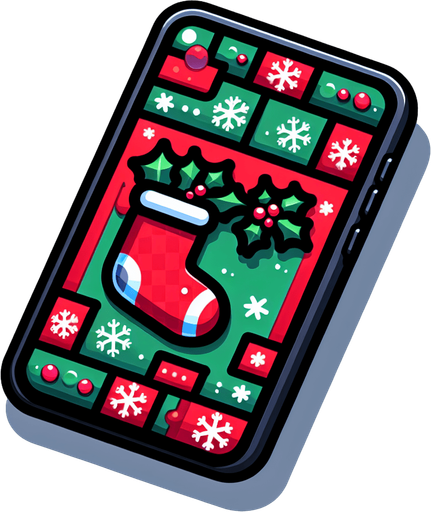 a smartphone, christmas style Single Game Texture. In-Game asset. 2d. Blank background. High contrast. No shadows.