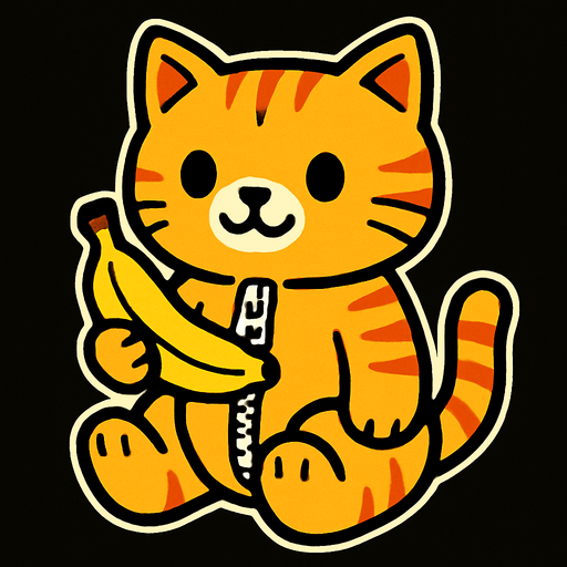 ipli fermuarı olan oyuncak kedi olduğu her yerden  belli olan elinde muz olan bir kedi.
In-Game asset.  2d.  High contrast.  No shadows