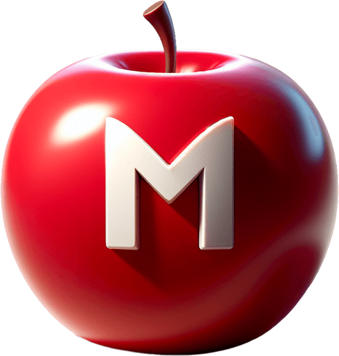 white " (M" on a red apple.
Single Game Texture. In-Game asset. 2d. Blank background. High contrast. No shadows.