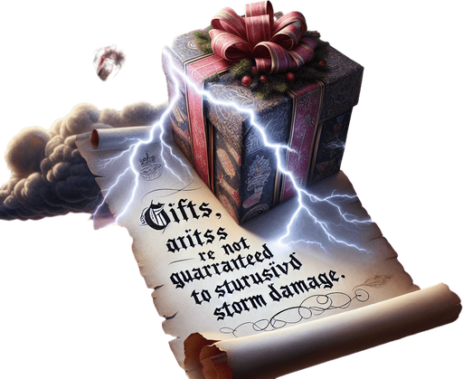 a pergament of a christmas present hit by a storm lightning in the sky. There is the text: "Gifts are not guaranteed to withstand storm damage."
