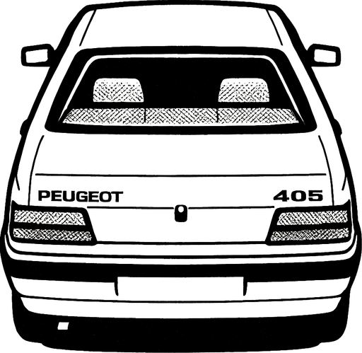 Beyaz Peugeot 405 arkasi ama yukaridan.
In-Game asset.  2d.  High contrast.  No shadows