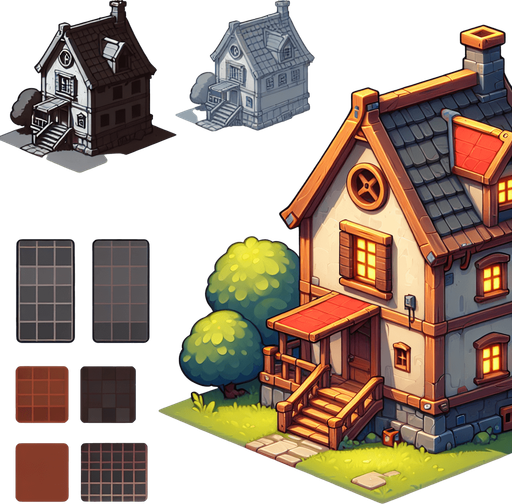 house.
Single Game Texture. In-Game asset. 2d. Blank background. High contrast. No shadows.