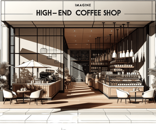 High end Coffee Shop.
Single Game Texture. In-Game asset. 2d. Blank background. High contrast. Shadows at the bottom.
