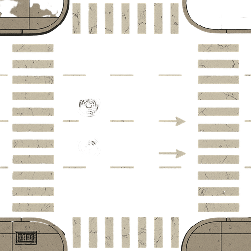 A highly detailed 2D top-down view of an urban asphalt road with multiple lanes, crosswalks, lane markings, realistic cracks, manholes, faded paint, and small debris like leaves or pebbles. Include sidewalks with curbs, drainage grates, and subtle oil stains. The scene should reflect a realistic city environment, with attention to texture and lighting for depth. The illustration style should be clean yet rich in detail, combining technical drawing precision with artistic shading.
In-Game asset.  2d.  High contrast.  No shadows