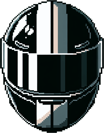 profile  view of an empty motorcycle helmet. black with a white vertical central band and another thiner orange band on the center.
NOT PERSPECTIVE!. Pixel art high definition