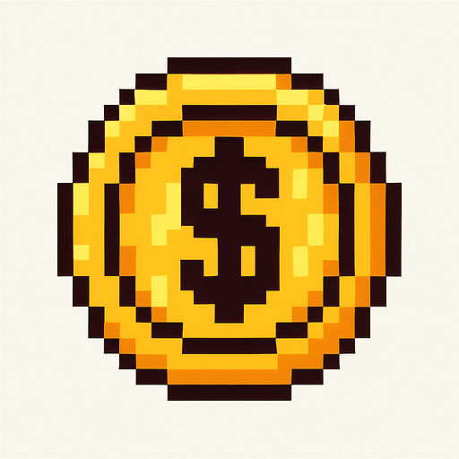 pixel bir coin, üstünde dolar($) işareti var.
In-Game asset.  2d.  High contrast.  No shadows