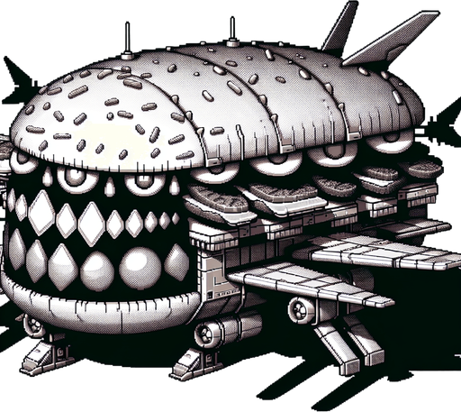 an evil burger airship.
Single Game Texture. In-Game asset. 2d. Blank background. High contrast. No shadows. 8bit