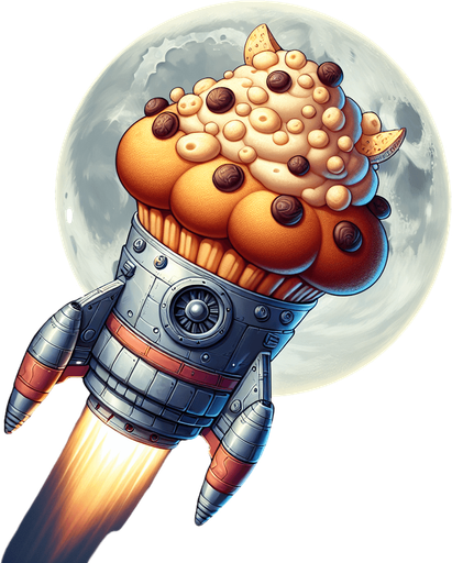 create a muffin with a rocket. muffin goes to the moon.
Single Game Texture. In-Game asset. 2d. Blank background. High contrast. No shadows.
