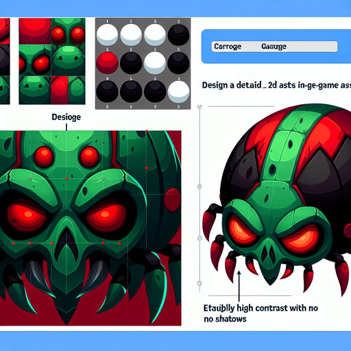 a cartoon bug. evil looking. dark green and red color..
Single Game Texture. In-Game asset. 2d. Blank background. High contrast. No shadows.