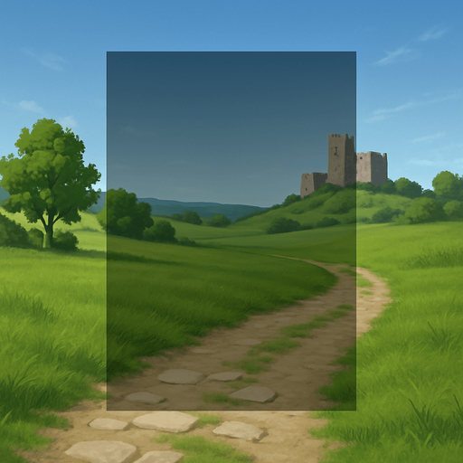 Gerçek hayata yakın bir menü arka planı istiyorum. Yeşil doğa, çimenlikler ve taş yollar olsun. Uzakta bir kale ya da yapı görünsün. Gökyüzü mavi ve açık olsun, hava gündüz gibi. Renkler doğal tonlarda olsun, altın veya süslü detaylar olmasın. Arka plan sade ve huzurlu bir ortam sunsun, ortası menü için boş ve hafif koyu olabilir..
In-Game asset.  2d.  High contrast.  No shadows