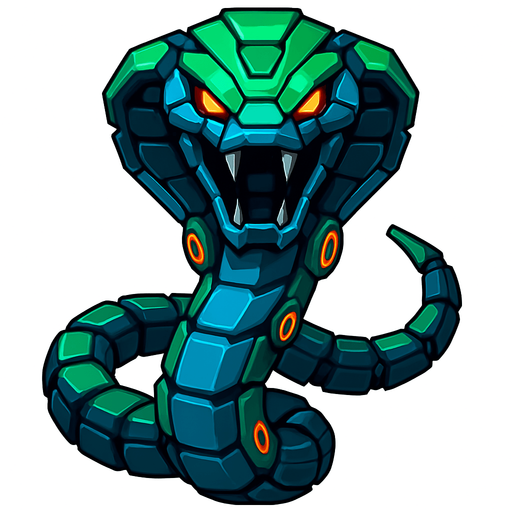 different big cyber snake Robot enemy from the front side facing camera. HD colors. separated
In-Game asset.  2d.  High contrast.  No shadows