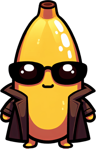 video game cute banana Pokémon with Matrix-like black glasses and a trench coat, oversized head occupying most of its body, standing on two tiny chubby feet at the bottom, tiny adorable creature with a cute angry expression, looking straight ahead, facing the camera directly. 2D flat vector illustration.
Single Game Texture. In-Game asset. 2d. Blank background. High contrast. No shadows.