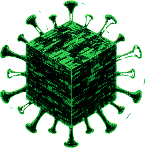 massive cube-shaped virus, distorted glitch surfaces, holographic data streams, topdown view, green and black colors, digital corruption texture, symmetrical, circular.
In-Game asset.  2d.  High contrast.  No shadows