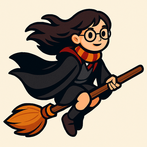 çalı süpürgesine binen pelerinli kız bir büyücü harry potter temasında.
In-Game asset.  2d.  High contrast.  No shadows