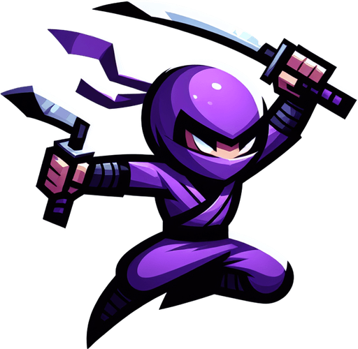 purple ninja with two blade jump style act for battle.
Single Game Texture.  In-Game asset.  2d.  Blank background.  High contrast.  No shadows
