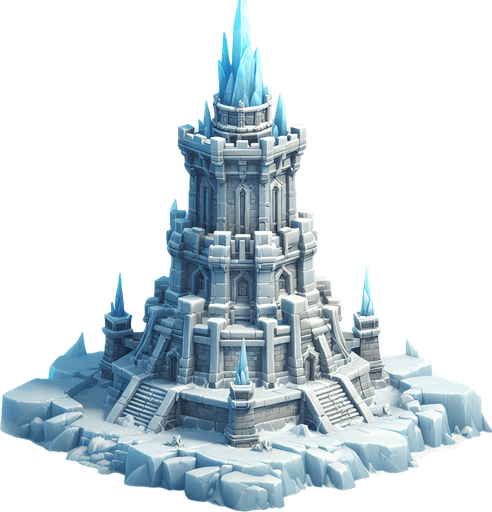 A super awesome turret tower built of ice blocks. Front view perspective. Single Game Texture. In-Game asset. 2d. Blank background. High contrast. No shadows.