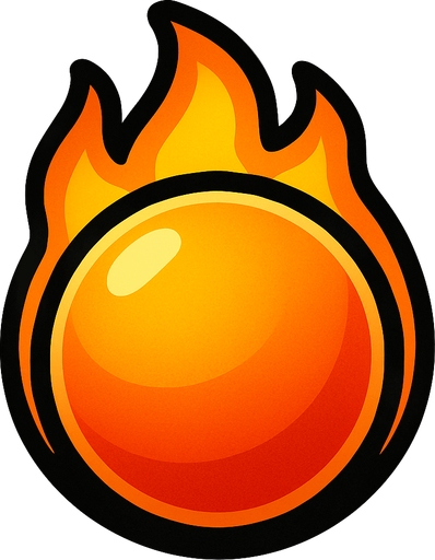 Fire ball emoji, Bubble shooter game. Thin black outline..
Single Game Texture. In-Game asset. 2d. Blank background. High contrast. No shadows.