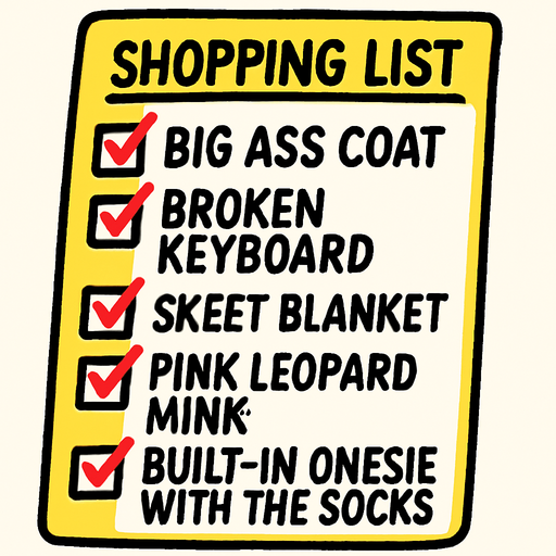 Shopping list that says Big ass coat, Broken keyboard, skeet blanket, pink leopard mink, built-in onesie with the socks.
In-Game asset.  2d.  High contrast.  No shadows