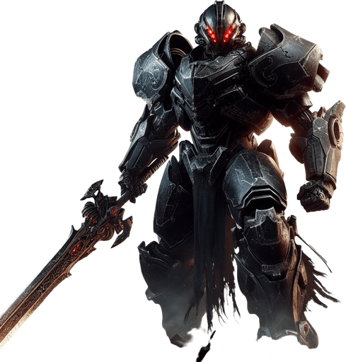 {
 "A dark and intimidating enemy, standing tall in a futuristic battlefield. They wear black, heavy armor, with glowing red eyes visible through a helmet. The background shows a war-torn city, with smoke rising from ruined buildings. The enemy holds a large, menacing sword, ready for battle. Their posture is aggressive, exuding power and malice. The atmosphere is tense, with a sense of impending doom.".
Single Game Texture. In-Game asset. 2d. Blank background. High contrast. No shadows.