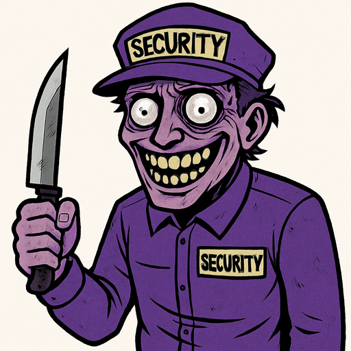 a madman wearing a purple security suit. He looks frightening, you can tell he's crazy by the glazed look in his eyes. he's just smiling with a knife in his hand, but in the glazed look in his eyes there's a little cry for help.
In-Game asset.  2d.  High contrast.  No shadows