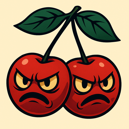 La Petacereza es un par de cerezas gemelas de un rojo intenso y brillante, unidas por sus delgados tallos que se juntan en una pequeña ramita coronada por tres hojas verdes oscuras. Cada fruto tiene rasgos agresivos: ojos amarillentos con iris rojizos y cejas fruncidas, y bocas torcidas en muecas de enfado que sugieren su inminente explosión. Sus superficies lucen suaves, con leves reflejos que acentúan su redondez perfecta..
In-Game asset.  2d.  High contrast.  No shadows