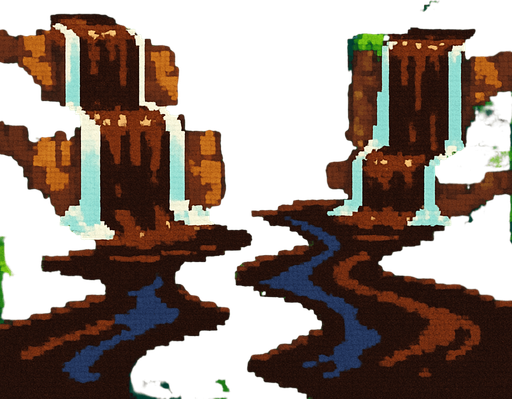 paisage con cascadas de cafe de pixeles.
In-Game asset.  2d.  High contrast.  No shadows
