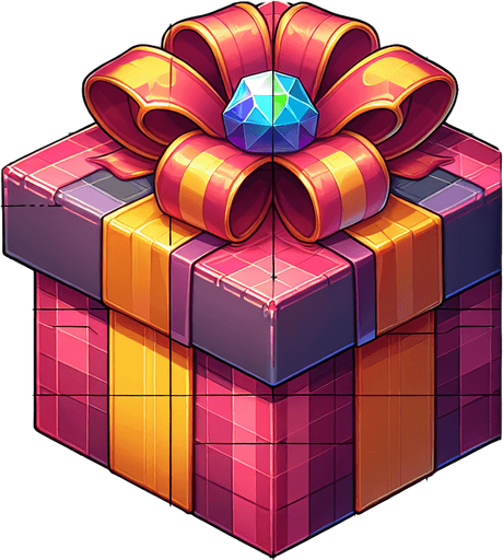 gift wrapped box, vivid colours. with bow on top Single Game Texture. In-Game asset. 2d. Blank background. High contrast. No shadows. Single Game Texture. In-Game asset. 2d. Blank background. High contrast. No shadows.