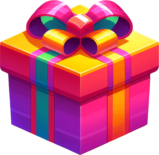 gift wrapped box, vivid colours. with bow on top Single Game Texture. In-Game asset. 2d. Blank background. High contrast. No shadows. Single Game Texture. In-Game asset. 2d. Blank background. High contrast. No shadows.
