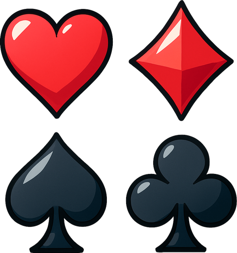 The four card suits. Hearts, diamonds, spades and clubs. Anime style..
In-Game asset.  2d.  High contrast.  No shadows