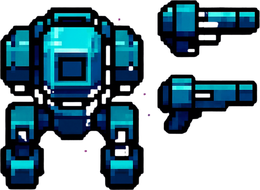 Пиксельный робот видо с верху космический без рук отдельно части тела и две от дельные пушки пиксели и космос.
In-Game asset.  2d.  High contrast.  No shadows