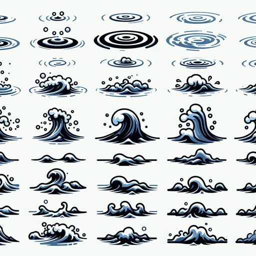 A sprite sheet of different water ripples.
Single Game Texture. In-Game asset. 2d. Blank background. High contrast. No shadows.