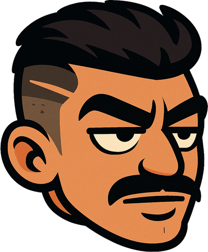 Cartoon-style head of a “keko” character inspired by Turkish street culture. The sides of his hair are shaved short, and the top is longer with volume. A clear razor line is cut into the left side of his hair. He has a thin mustache, thick eyebrows, and half-closed, confident eyes. His expression is bold and slightly smug. Skin tone is tan or medium. Facial features are sharp and masculine. The style is cartoonish, not realistic. The background is simple to keep focus on the head. The head is slightly tilted forward, as if flying like in Flappy Bird. Add a playful but tough street vibe..
In-Game asset.  2d.  High contrast.  No shadows