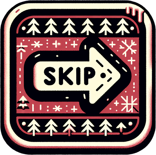 eerie christmas inspired  button as an arrow pointing right that says SKIP in a creepy font  png.
Single Game Texture. In-Game asset. 2d. Blank background. High contrast. No shadows.