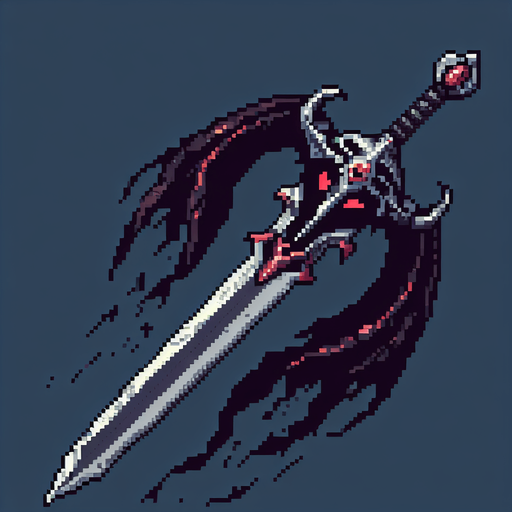 pixel art of an evil fantasy sword facing downward. Minor red details.
Single Game Texture. In-Game asset. 2d. Blank background. High contrast. No shadows.
