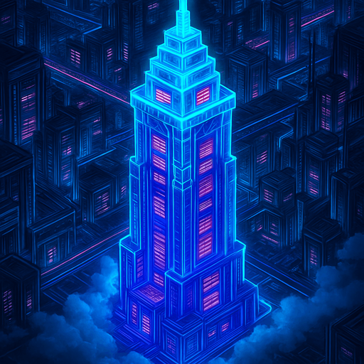 Massive futuristic neon hologram skyscraper top down isometric poking out of clouds from above elaborate cyberpunk architecture
