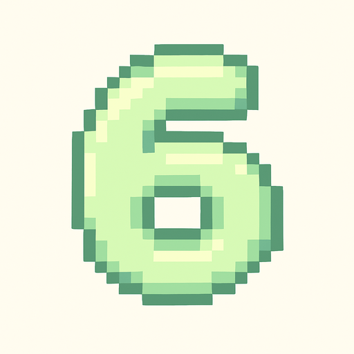 A pixel art number "6" designed for a cozy, cute retro 2D game UI with a bird theme. The number is rendered in soft pastel light green tones to harmonize with the gentle and sweet aesthetic of the game. It has a clean, simple, and rounded pixel style with no harsh edges, fitting perfectly within the pixel art UI style. The number is bold and easily readable at small sizes..
In-Game asset.  2d.  High contrast.  No shadows. pixel art. retro. 2d ui. number. pastel light green. simple. rounded edges. bold. cute. minimal
