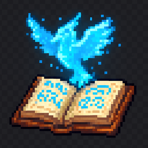 "2D pixel art of a glowing blue bird symbol emerging from an open magical spellbook. The spellbook has worn covers and glowing arcane runes on its pages. The bird symbol floats above the book, made of shimmering blue magical energy, with soft glowing edges and a slightly transparent, ethereal look. It represents a magical creature or summon. Designed in classic 16-bit fantasy RPG pixel art style. Transparent background.".
In-Game asset.  2d.  High contrast.  No shadows