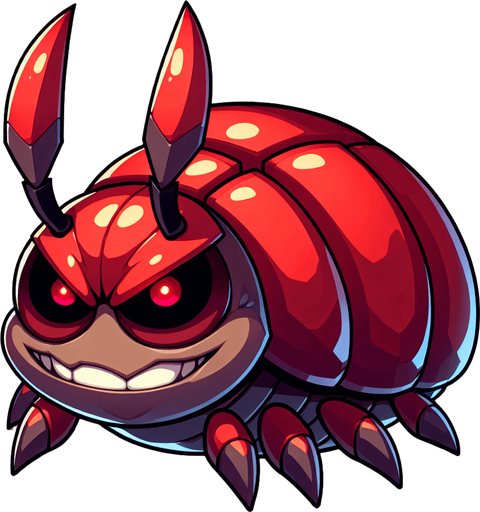 a cartoon bug. evil looking. red and brown color..
Single Game Texture. In-Game asset. 2d. Blank background. High contrast. No shadows.